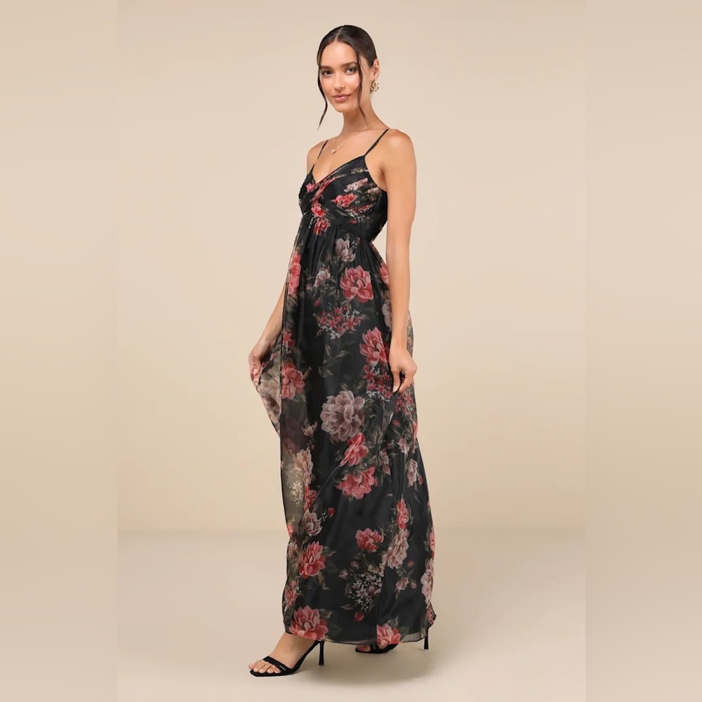 Lulus Truly Extraordinary Black Floral Organza Pleated Maxi Dress